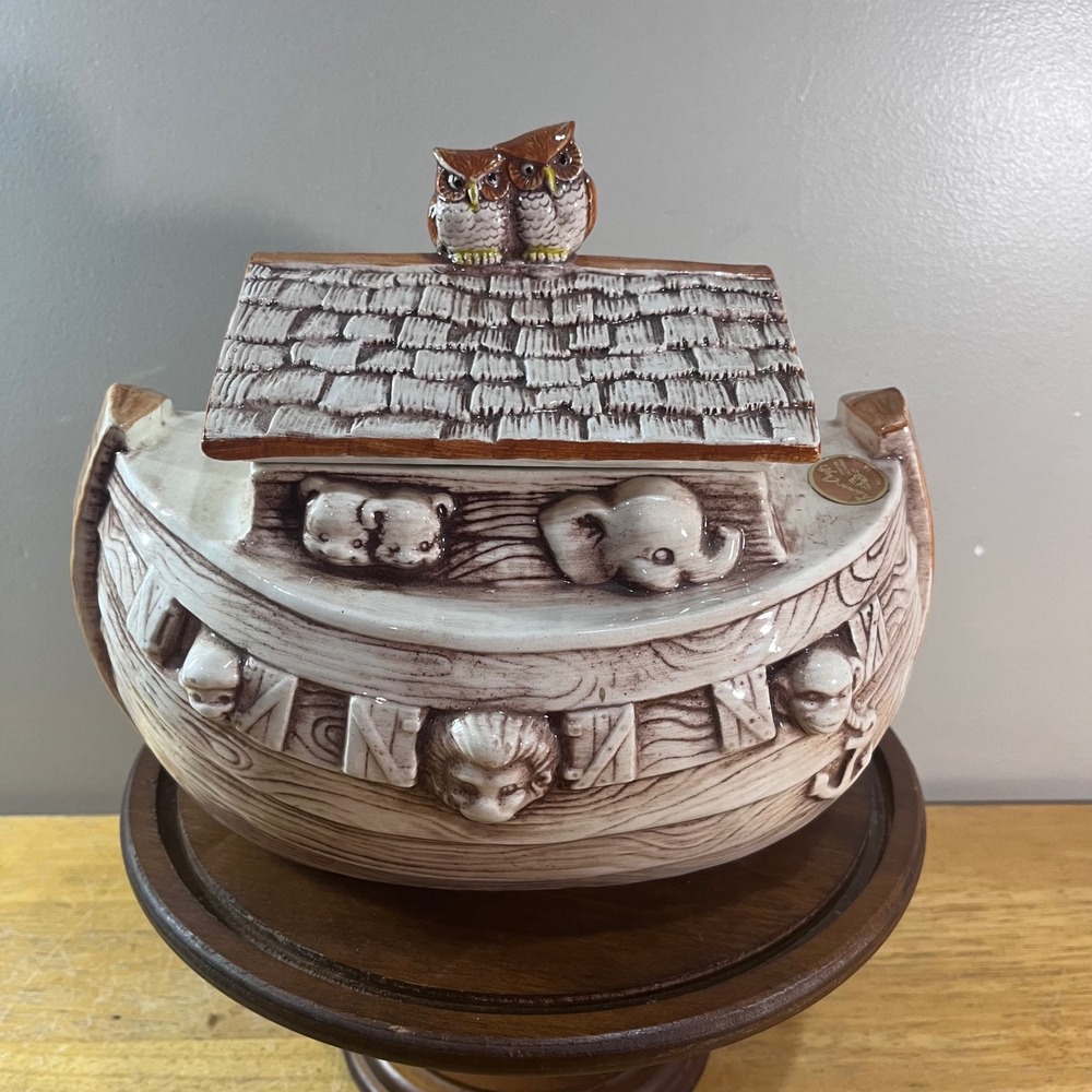 Treasure Craft Noahs Ark Cookie Jar Vtg Brown Ceramic Animal Nursery Decor